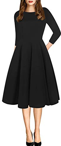 oxiuly Abito da Donna Vintage Patchwork Tasche gonfio Swing Casual Party OX165 - Nero - M