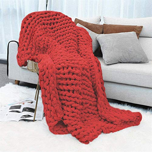 Icegrey Gestrickte Decke Chenille Garn Handgefertigt Strickdecke Tagesdecke Haustier Bett Stuhl Sofa Arm Stricken Sperrig Decke Zuhause Dekor Geschenk, rot, 50x50cm