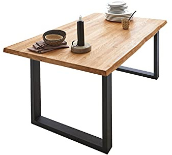SAM Esszimmertisch 80 x 80 cm Seattle, Eichenholz, naturfarben, schwarzes U-Gestell aus Metall, Baumkantentisch, Unikat | Baumkantentisch, Eichenholz naturfarben, Metallgestell, schwarz