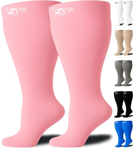 Zeta Wear Kompressionsstrumpor Breda Vader Stora Storlekar för Dam & Herr Rosa 3XL, Stödstrumpor 15-19 mmHg, Knähöga, XXL-6XL