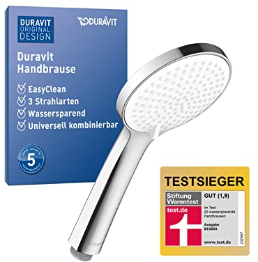 Duravit Universal Duschkopf, Duschbrause mit 3 Strahlarten (Rain, Intense Rain, Soft Rain), Handbrause rund (Ø 110 mm), mit wassersparender MinusFlow-Funktion, reinigungsfreundlich, Chrom/Weiß