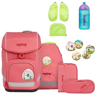 ergobag cubo Bundle Set ergonomischer Schulrucksack, Set 7-teilig Plus Seitentaschen Zip-Set und Trinkflasche