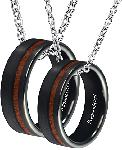KnSam Partner Kette 2 Stück, Wolfram Anhänger Ringe 8mm Holz Partnerketten mit Wunschgravur Schwarz, Herrenkette 60cm, Damenkette 50cm, Größe 54 & 62