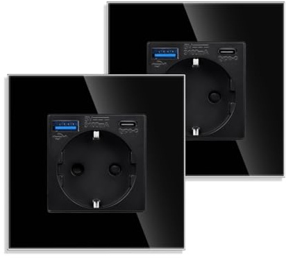 JIMEIDA 2 Pack Einzelsteckdose mit USB 20W Schnelles Laden in Schwarz, 16Amp Glas Schuko Steckdosen mit USB Anschluss und Typ C Port, 86mm, 250V, 1 Fach