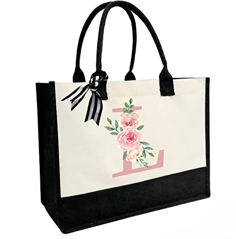 Sac de plage personnalisé en toile, sac fourre-tout en toile avec poche intérieure zippée, double bandoulière, sac en jute monogrammé pour le travail quotidien, les voyages