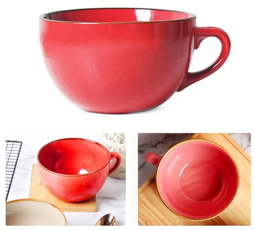 CEIEVER Stor kopp keramik 700 ml, keramiska soppkoppar med handtag, müsliskålar, salladsskål för kaffekopp, te, kopp, müsli, soppor, ramen skål, porslin, kaffe, kopp, soppskål (röd)