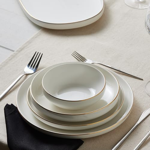 Karaca Streamline Saturn Geschirrset für 4 Personen, Porzellan Geschirr Set,19 teilig Teller Set Weiß, Hochwertiges Tafelservice mit Servierplatten, tiefe Teller, Dessertteller, Schüssel - Gold