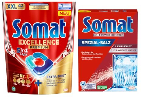 SOMAT 5in1 Caps 42 AW Excellence Premium, schnellauflösende Spülmaschinentabs mit Extra Boost, entfernen hartnäckige Essensreste + Somat Duo Power Experten Spezial-Salz 1,2kg