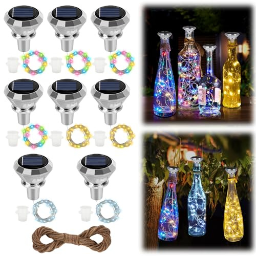 LYPPUL 8 Stück Solar Flaschen Licht, 2M 20 LED Flaschenlichterkette Korken | Solar Diamant Flaschenlichter, Außen LED Korken Weinflasche Lichtkette für Flasche Party Weihnachten Innen Beleuchtung Deko