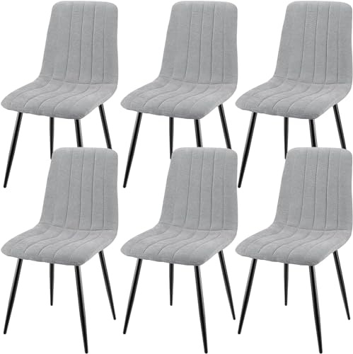 JIJIAN Esszimmerstühle 6er Set, Küchenstühle mit Leinen, Grau | Stühle Esszimmer mit Schwarzen Metallbeinen, Bis 120 kg Belastbar, Moderne Polsterstühle für Esszimmer Wohnzimmer Küche