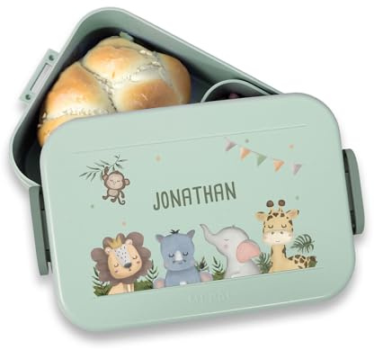 hellomini Mepal Brotdose - Personalisiert - Brotdose Kinder mit Fächern - Snackbox mit Fächern - Lunchbox, Bento Box Geschenk zu Einschulung - Einschulungsgeschenk (Safari, Blau)