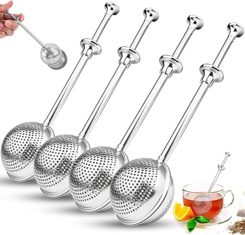 SDwfxd 4 Stück Teesieb, 304 Edelstahl Kugel Form Teefilter, Tee Ei mit Pressen langem Griff, Teaballs für Loser Tee, Gewürze, Rose, Kaffee (Silber)