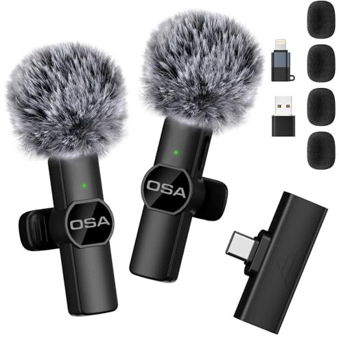 OSA Microfono lavalier wireless USB per iOS/Android/PC/Laptop, microfono wireless per streaming live, vlog, TikTok, YouTube, riduzione del rumore, clip plug-play sul microfono-nero