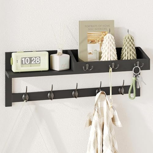AMBIRD Wandhaken mit Regal - 67,5cm Eingangswandregal, Holzkleiderhaken mit 5 Doppelhaken, Wandmontiert (Schwarz)