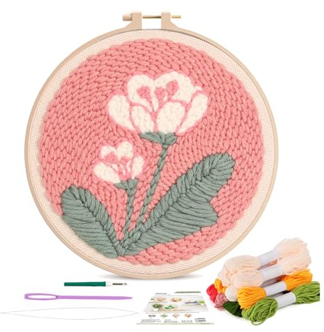 YDAKGUEY Punch Needle Kits, Punch Needle with Instruction Threader Fabric Yarns and Hoop, Embroidery Kits with Vintage Tulip Design for Adults Beginners