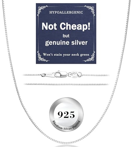 REIOT Silver Box Chain Necklace for Women, 925 Sterling Silver Nickel-Free Hypoallergenic Thin & Sturdy & Dainty Women's Chain Necklaces 0.8mm 18 Inch