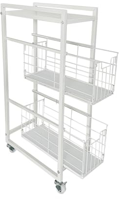 3-Tier Pull-Out Storage Organizer Rolling Utility Cart - Universal Metal Craft Shelf Trolley for Home Kitchen Bathroom Bedroom Office Classroom Laundry Cleaning Supplies Bar with Caster Wheels