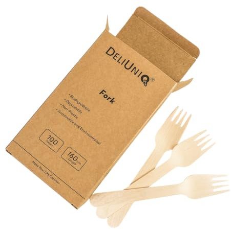 DeliUniq® Einwegbesteck, 100 Holzgabeln- umweltfreundliches nachhaltiges Besteck aus Birkenholz, Biologisch abbaubar, lebensmittelecht, Länge 160mm