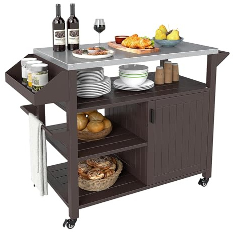FANTASK Grillwagen Outdoor, Beistelltisch, Servierwagen, Grilltisch auf Rollen mit Edelstahlarbeitstisch (Schwarz)