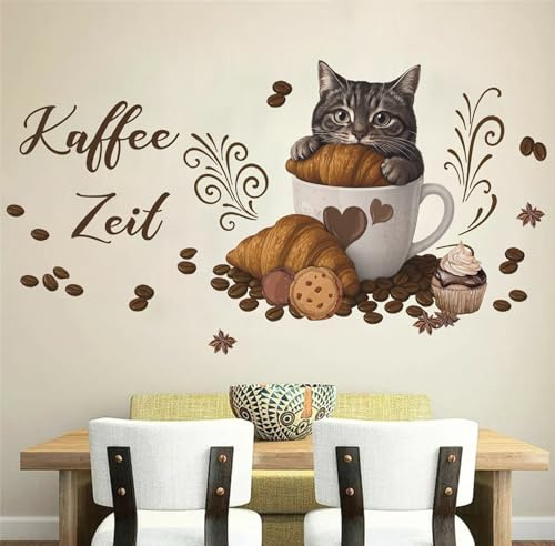 TOARTI Kaffee Wandtattoo mit Spruch Katze Wandsticker für Küche Coffee Deko Wandaufkleber Retro Kaffee Wandaufkleber für Wohnzimmer Esszimmer Cafe Wanddeko