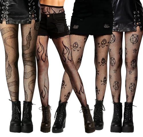 CJAPGJW Netzstrumpfhose Schwarz, 4 Paar mit verschiedenen Mustern, für Halloween-Partys und Cosplay, Fischnetz Strumpfhosen für Frauen, Schwarze Fishnet Stockings für Mottopartys und Clubs