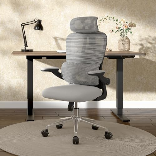 FLEXISPOT Ergonomischer Bürostuhl mit 3D-Armlehnen, Schreibtischstuhl mit verstellbarer Rückenlehne & Lendenwirbelstütze - Drehstuhl mit Rollen Schwammsitz, Grau