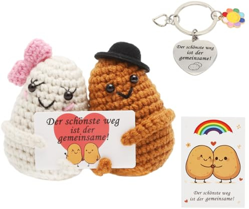 UOCAI Pareja de Patatas Positivas Pocket Hug– Muñecos Tejidos a Mano con Tarjeta y Llavero Regalo Parejas Bonitos Regalo Divertido para Aniversario, San Valentín, Esposa Mujeres Él y Ella