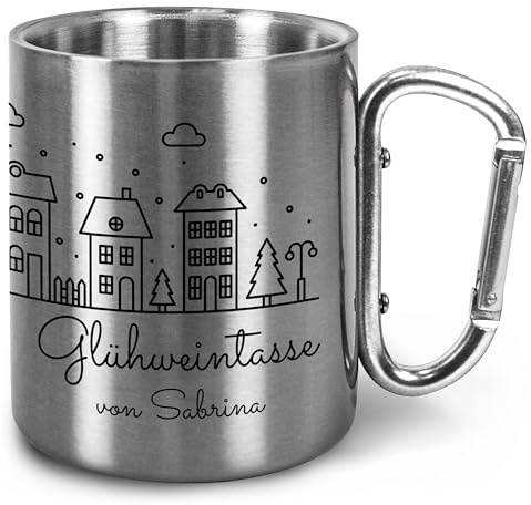 True Statements Personalisierte Glühweintasse Edelstahl mit Karabinergriff - Becher für Weihnachtsmarkt mit Namen – Geschenkidee Kollegen Freunde Familie - ca. 300 ml - ca. 300 ml - Griff Silber