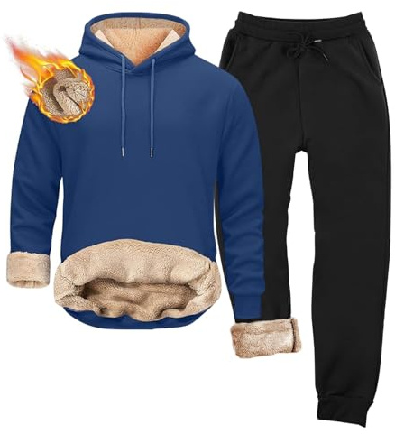 vaolkwsacz Tuta Uomo Pile Invernale Caldo Tuta Sportiva Spessi Fodera Completi Corsa Con Tasche Felpa Con Cappuccio e Pantaloni Tracksuit Jogging Traspirante Tute 2 Pezzi Caldi Vestibilità Comoda
