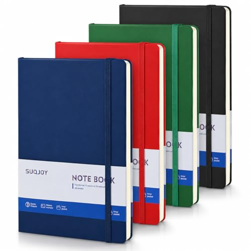 SUQJOY Fodrad journal anteckningsböcker, 4-pack 160 sidor, 5,5 x 8,3-tums tidskrifter, inbunden anteckningsbok, 100 gsm tjockt papper, A5-storlek college linjerad anteckningsbok för att skriva/resa