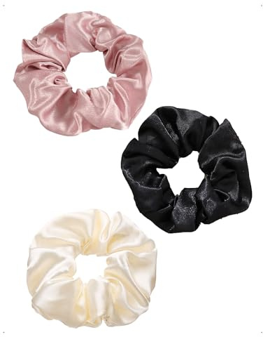 SanKristo 3 Coleteros gomas satén el pelo mujer, grandes suaves elásticas no dañan cabello reducen encrespamiento rotura lujosas kitsch accesorio retro Sleepy Tie regalo niñas, blanco/negro/rosa