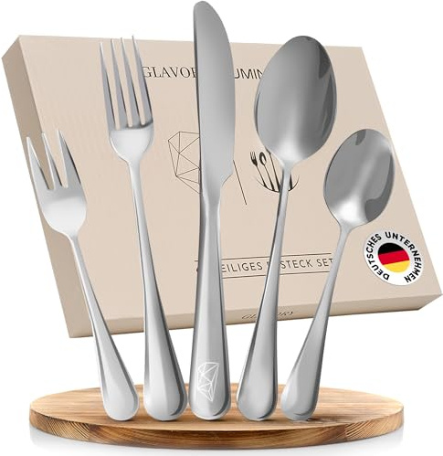 Glavory Lumina - Besteck Set 12 Personen Silber Hochglanz - 60teilig - Besteckset Spülmaschinenfest aus rostfreiem 18/8 Edelstahl - Besteck mit edler Verpackung