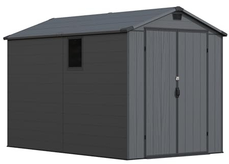 Devoko 6x10ft Outdoor Plastic Garden Storage Shed with Lockable Double Doors & Apex Roof - Patio Backyard Tool Shed, Bike Shelter, Garbage Bin Store - Weather and Fade Resistant - Dark Gray