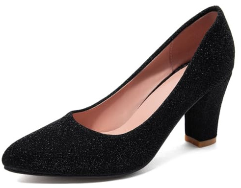 Décolleté da Donna con Tacco Largo Scintillanti Punta Affusolata Slip-On Tacchi Alti con Finitura Glitter per Cocktail e Serate,Nero,47 EU