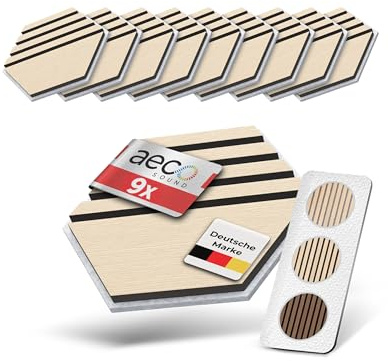 Aeco Sound® Akustikpaneele Holz - selbstklebend - Echtholz & Akustikfilz | 9 Stück - Hexagon Wandpaneele, Schalldämmung, Wandverkleidung - Eichenholz (hell) & extra dicker Akustikfilz (Grau)