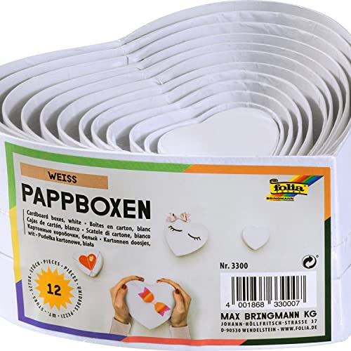 folia 3300 - Geschenkboxen, Pappschachteln aus Karton, in Herzform, weiß, 12 Stück in verschiedenen Größen - ideal zum Verzieren und Verschenken