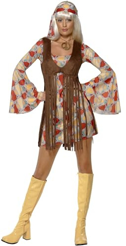 60s Groovy Baby Patterned With Dress & Fringe Waistcoat & Head Scarf (S)