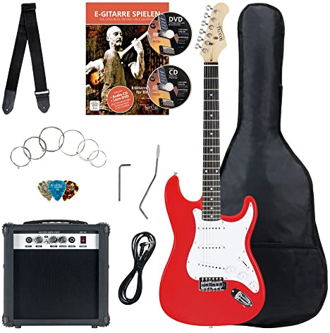 Rocktile Banger's Pack Komplettset E-Gitarre Rot (Verstärker, Tremolo, Tasche, Kabel, Gurt, Plecs, Ersatzsaiten und Schule mit CD/DVD)