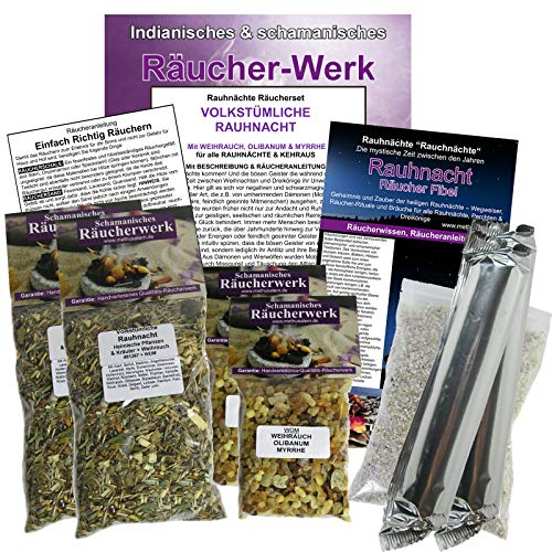 RAUHNÄCHTE VOLKSTÜMLICHE RAUHNACHT & KEHRAUS Räucherset 10-TLG HEIMISCHE Pflanzen + KRÄUTER + WEIHRAUCH. 4X Räuchermischungen. 6X ZUBEHÖR mit Rauhnachtfibel. 81267 WOM-X4