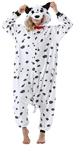ULEEMARK Adulte Femme Homme Anime Animal Cosplay Halloween Costume Combinaison Pyjama Outfit Nuit Vetements Onesie Soiree de Deguisements Unisexe Chien Tacheté L
