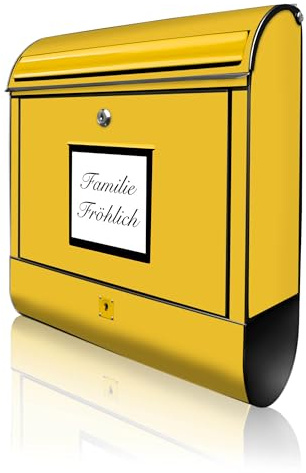 banjado Design Briefkasten personalisiert 38,5x46,5x13cm & 2 Schlüssel - Briefkasten Stahl Schwarz Zeitungsfach pulverbeschichtet - Postkasten A4 Einwurf inkl. Montagematerial - Motiv Briefkasten Gelb