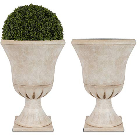 Worth Fioriere a urna da giardino in plastica per piante da esterno, albero alto 55 cm, confezione da 2 vasi da fiori rotondi classici in resina per interni beige tradizionale portico anteriore 38,1