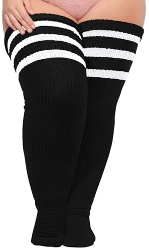 Moon Wood Damen Plus Size Extra Lange Socken Overknee Strümpfe Überknie Kniestrümpfe Thigh High Socks Soft Thermo Oberschenkelhohe Socken mit Garter Schwarz Weiß