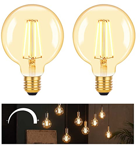 DSLebeen Dimmbar Edison E27 LED Vintage Glühbirne, G95 Warmweiß Lampe, 6W Retro Leuchtmittel Ersetzt 60W Glühlampe, 600LM, 2700K, Leuchtmittel für Bar, Heim, Hotel, Café - 2 Stück(Φ95mm)