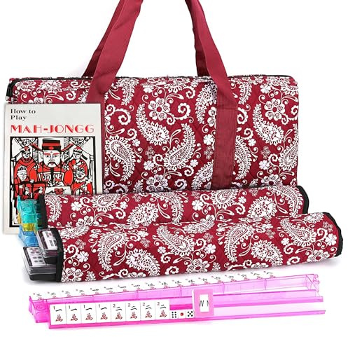 Mose Cafolo American Mahjong Game Set, Red Paisley Carrying Bag,166 Premium White Tiles, All-in-One Color Rack/Pushers, Chips,Wind Indicator, English Manual,Complete Mah jongg, Mahjong Tiles Set