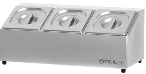 Mahlzeit Contenedor de Ingredientes con Tapa de Acero Inoxidable | 51 x 24,5 x 21,5 cm | 3 Recipientes GN 1/6 | Para Catering, Gastromía, Cocina, Estación de Pizza, Buffet, Barra de Ensaladas