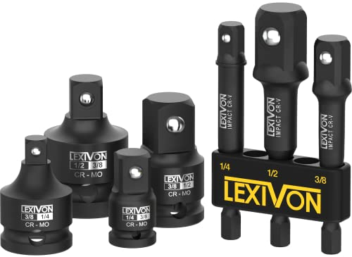 LEXIVON Kit combinato di adattatori per bussole a percussione, 7 pezzi, riduttore e set di estensioni, conversione avvitatore a percussione da 1/4-3/8-1/2, protezione attiva dalla ruggine grazie al