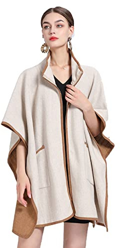 Damen Schal Poncho Cape Full Zip mit Taschen Oversized Cardigan Jacket Coat für Frühling Herbst Winter,Beige,80cm