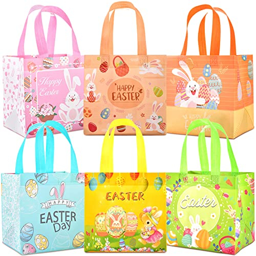 AhfuLife 6Pcs Bolsas de Regalo de Pascua, 20×20×15cm Bolsas de Huevos de Conejo de Pascua, Bolsa Reutilizable no Tejida con Asas, Bolsas de Fiesta de Caza de Huevos de Pascua (6 Pcs)