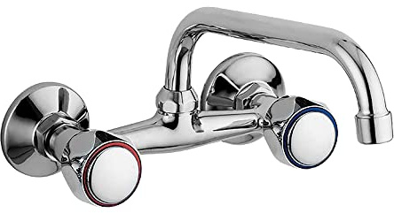 Inbagno Rubinetto lavello Cucina e Lavanderia, a Muro a snodo Canna Girevole, Doppia manopola Acqua Fredda e Acqua Calda, in Ottone Cromato